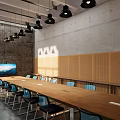 Modern Meeting Room Interior With Long Wooden Table Blue Chairs And Black Pendant Lights