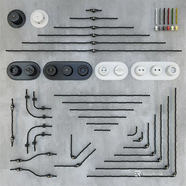 Home Electrical Switch Panels in Black and White with Connecting Wires and Accessories 3d model 
