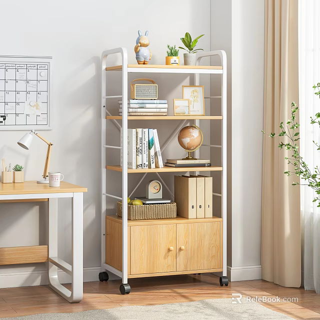 Home Office Wooden Bookshelf with Open Shelves Cabinet Books Globe Photo Frames and Storage Basket 3d model 