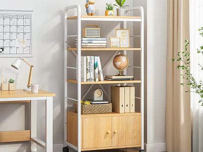Home Office Wooden Bookshelf with Open Shelves Cabinet Books Globe Photo Frames and Storage Basket 3d model