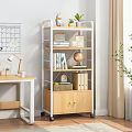 Home Office Wooden Bookshelf with Open Shelves Cabinet Books Globe Photo Frames and Storage Basket
