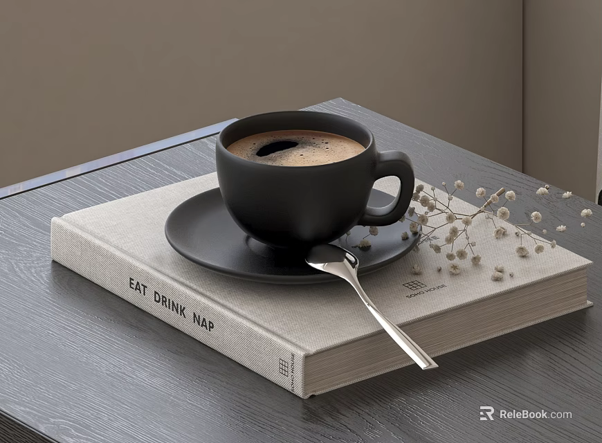 Black Coffee Cup On Black Saucer With Silver Spoon And Eat Drink Hop Book 3d model 