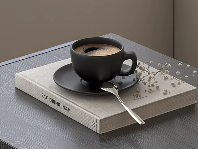 Black Coffee Cup On Black Saucer With Silver Spoon And Eat Drink Hop Book 3d model