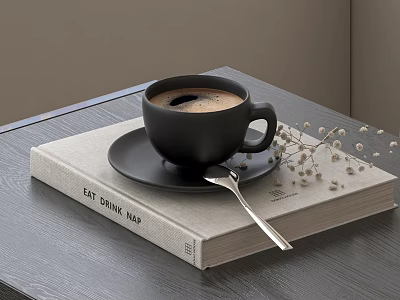 Black Coffee Cup On Black Saucer With Silver Spoon And Eat Drink Hop Book 3d model
