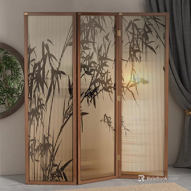 Chinese Style Decorative Screen With Bamboo Pattern And Wooden Frame 3d model
