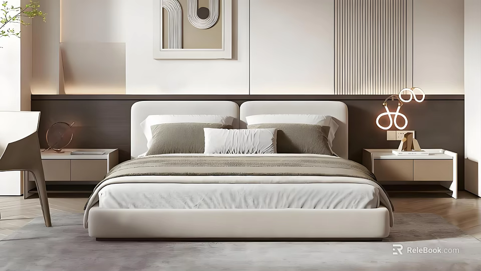 Elegant Modern Double Bed Interior With Upholstered Headboard And Decorative Pillows 3d model 