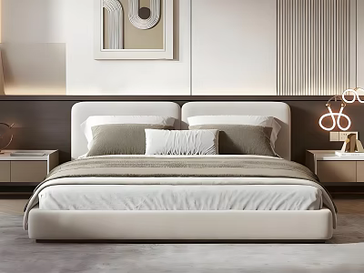 Elegant Modern Double Bed Interior With Upholstered Headboard And Decorative Pillows 3d model