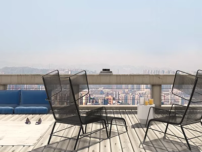 Black Metal Frame Lounge Chairs On Rooftop Terrace With City View And Wooden Deck 3d model