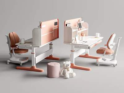 Kids Pink And White Study Desk With Shelf Storage And Matching Chair 3d model