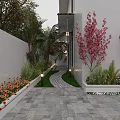 Courtyard Garden Design With Stone Paved Pathway Red Flowering Trees Green Plants And Illuminated Lighting