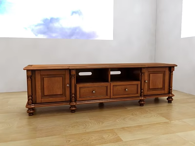 Vintage Wooden TV Stand With Drawers Cabinets And Carved Legs In Living Room 3d model