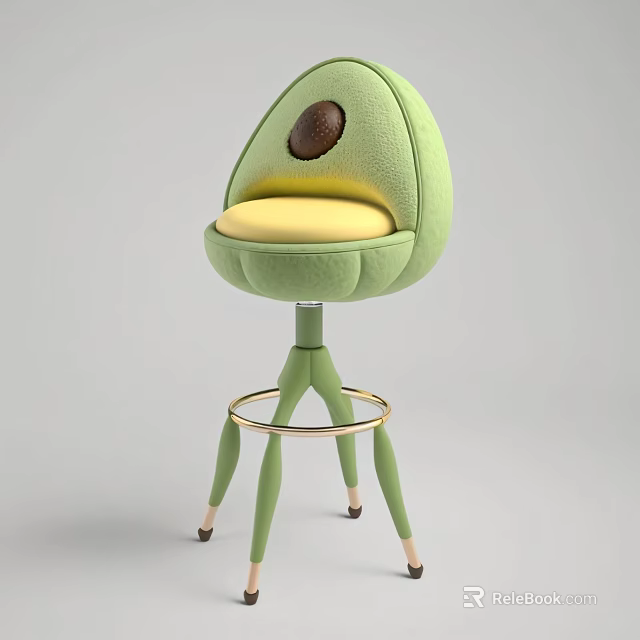 Green Avocado Shaped Single Chair With Yellow Cushion And Golden Ring Base 3d model 