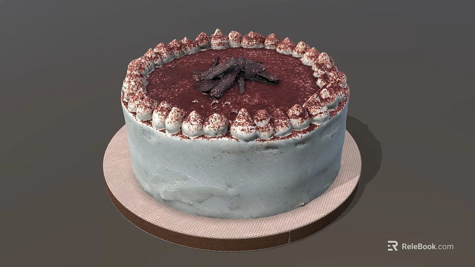 Delicious Light Blue Cake With Red Surface Cream Frosting And Chocolate Decorations On Serving Tray 3d model 