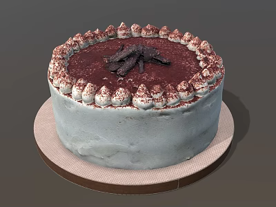 Delicious Light Blue Cake With Red Surface Cream Frosting And Chocolate Decorations On Serving Tray 3d model