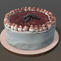 Delicious Light Blue Cake With Red Surface Cream Frosting And Chocolate Decorations On Serving Tray
