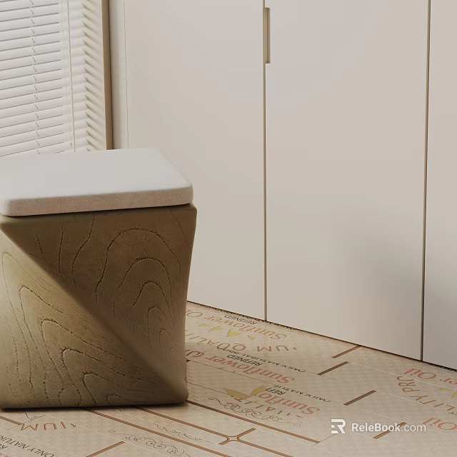 Modern Side Table With Wood Grain Base And Beige Padded Top Next To White Cabinets 3d model 