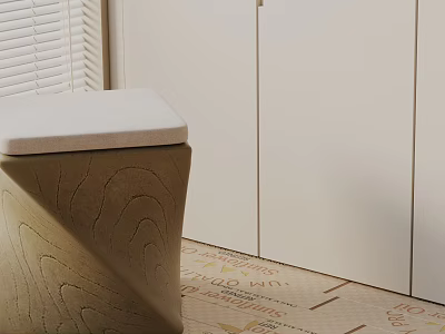Modern Side Table With Wood Grain Base And Beige Padded Top Next To White Cabinets 3d model