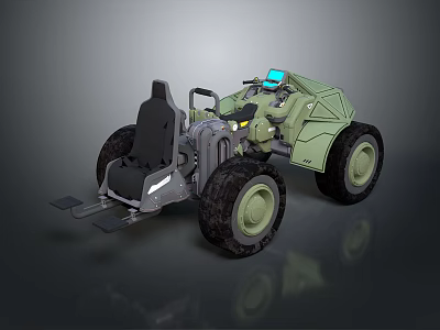 Green Off Road Utility Vehicle With Large Wheels Blue Light And Front Tool 3d model