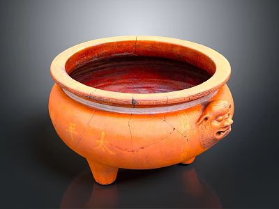 Orange Ceramic Three Legs Fish Tank Aquarium With Animal Head Decoration Cracked Surface Golden Characters 3d model