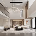 Modern Duplex Living Room Interior With Staircase Sofa Rug And Chandelier