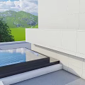 Detached Villa Open Black Frame Roof Skylight Overlooking Green Lawn Trees and Mountain Backdrop