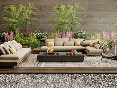 Outdoor Sofa Set With Cozy Cushions Green Plants And Fire Pit Table On Gravel Flooring 3d model