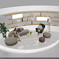 Modern Living Room Interior With Sofa Armchair Round Coffee Table Shelves And Plant