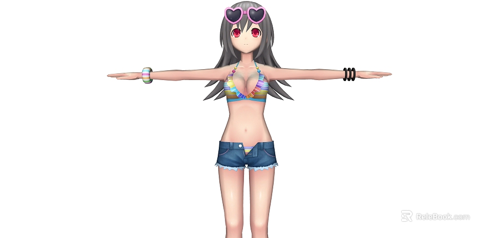 Game Character With Pink Heart Sunglasses Red Eyes Colorful Bikini Blue Denim Shorts Arms Outstretched 3d model 
