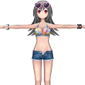 Game Character With Pink Heart Sunglasses Red Eyes Colorful Bikini Blue Denim Shorts Arms Outstretched