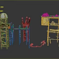 Industrial Scaffolding Structure With Red Tools Yellow Tool Shelf And Metal Workbench