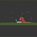 Game Movie Character Red Haired Female in Green Square Pool with Flower Petals and Floating Items