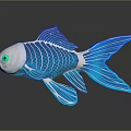 Game Movie Character Blue Transparent Skeletal Fish with Green Eyes and Glowing Lines