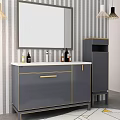 Modern Bathroom Vanity With Gray Cabinet Gold Accents Mirror And Striped Wall