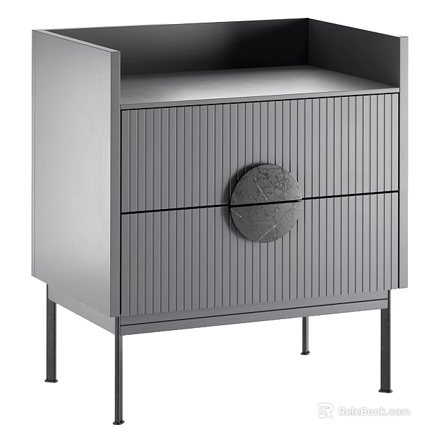 Modern Minimalist Nightstand With Wooden Vertical Stripes And Round Marble Handle 3d model 