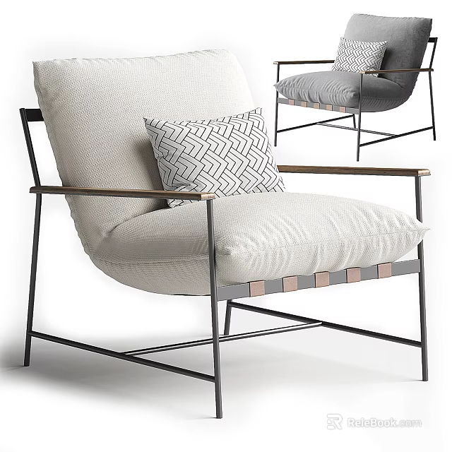 Modern Light Gray Upholstered Accent Chair With Metal Frame And Geometric Throw Pillow 3d model 