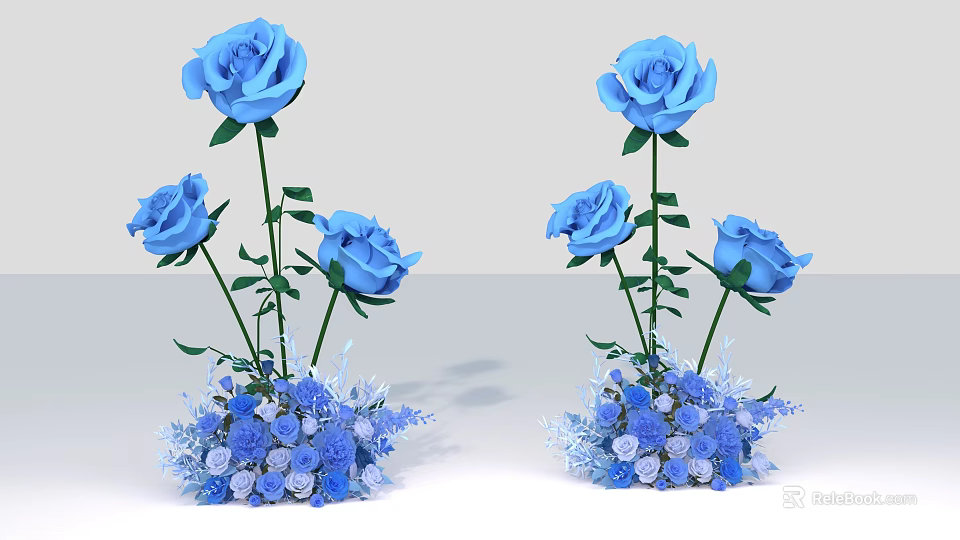 Exquisite Floral Display with Blue Roses Green Stems and Small Blue Flowers 3d model 