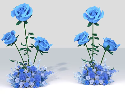 Exquisite Floral Display with Blue Roses Green Stems and Small Blue Flowers 3d model