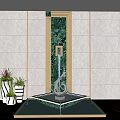 Garden Decorative Ornaments With Green Marble Wall Golden Frame Silver Sculpture And White Planters