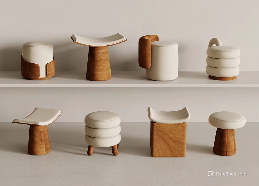 Various Modern Stools With Wooden Bases And White Seats In Different Designs 3d model 