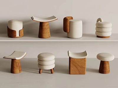 Various Modern Stools With Wooden Bases And White Seats In Different Designs 3d model