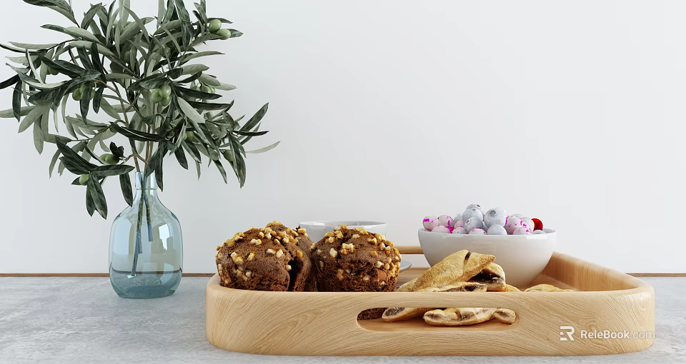 Wooden Tray With Walnuts Muffins Crackers Colorful Candies And Olive Branch Vase 3d model 