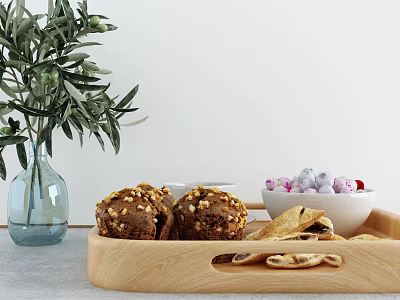 Wooden Tray With Walnuts Muffins Crackers Colorful Candies And Olive Branch Vase 3d model