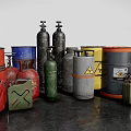 Industrial Equipment Featuring Steel Drums Gas Cylinders and Jerry Cans with Warning Labels