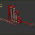 Large Scale Industrial Equipment With Tall Towers Metal Frames And Pipes