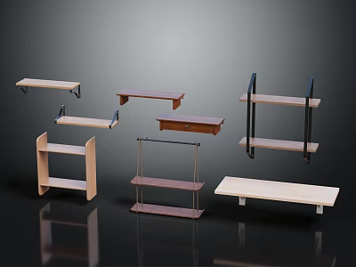 Various Wall Mounted and Floating Wooden and Metal Shelves with Different Designs for Home Storage 3d model