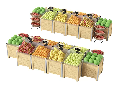 Supermarket Fresh Fruits Display With Wooden Shelves And Assorted Fruits Like Apples Bananas Oranges Watermelons 3d model