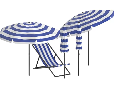 Blue and White Striped Outdoor Umbrellas with Folding Deck Chair for Beach Use 3d model