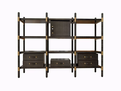 Modern Bookcase with Multiple Shelves and Drawers Black Frame and Gold Brass Accents Contemporary Design 3d model