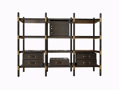 Modern Bookcase with Multiple Shelves and Drawers Black Frame and Gold Brass Accents Contemporary Design 3d model