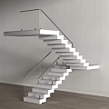 Modern Floating Staircase With White Steps Glass Railing And Gray Wall 3d model